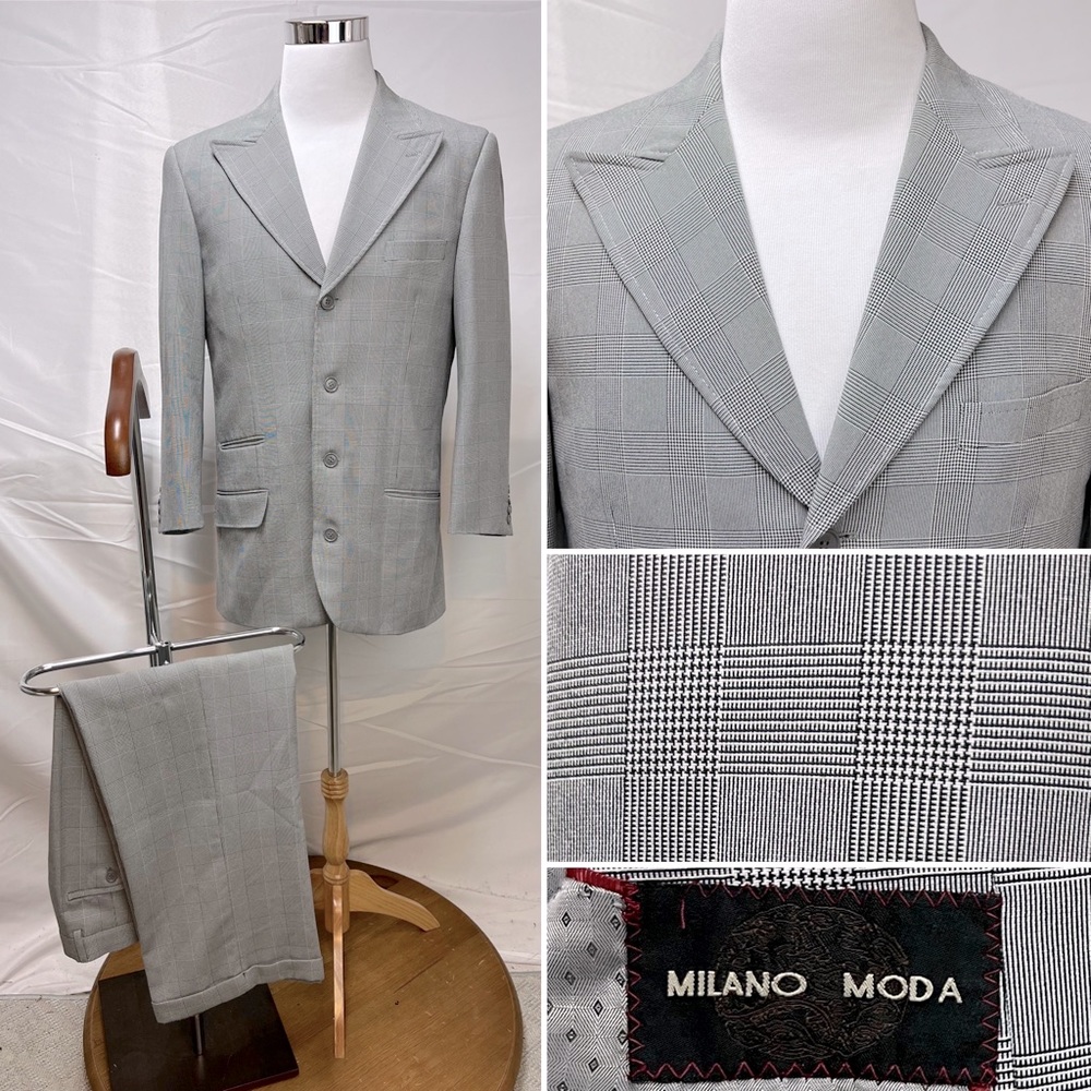 Men's Milano Moda Black White Plaid 4-Button 38R Blazer 32x26 Pants Suit